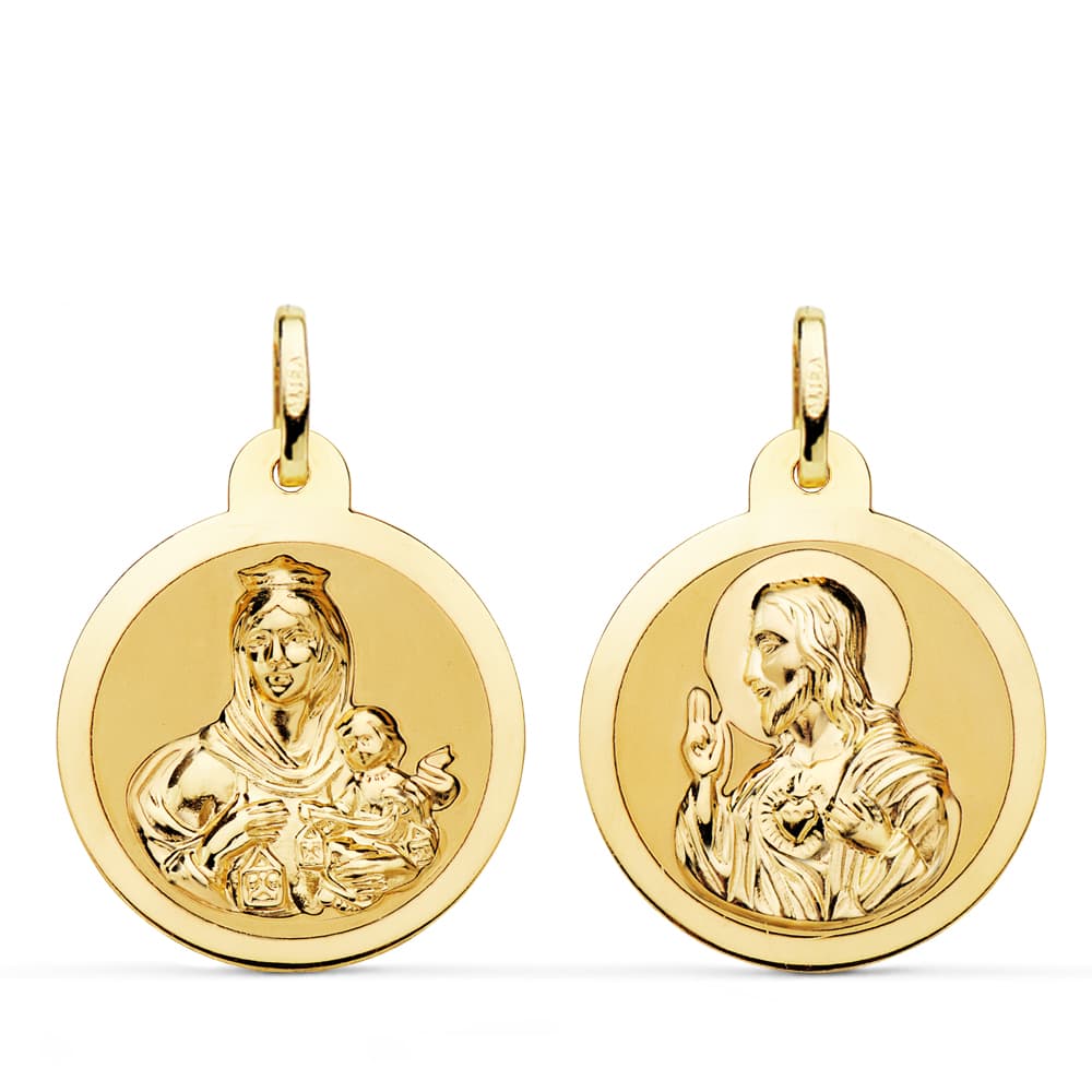 9K ESCAPULARIO BRILLO VIRGEN DEL CARMEN Y CORAZON DE JESUS 22 MM