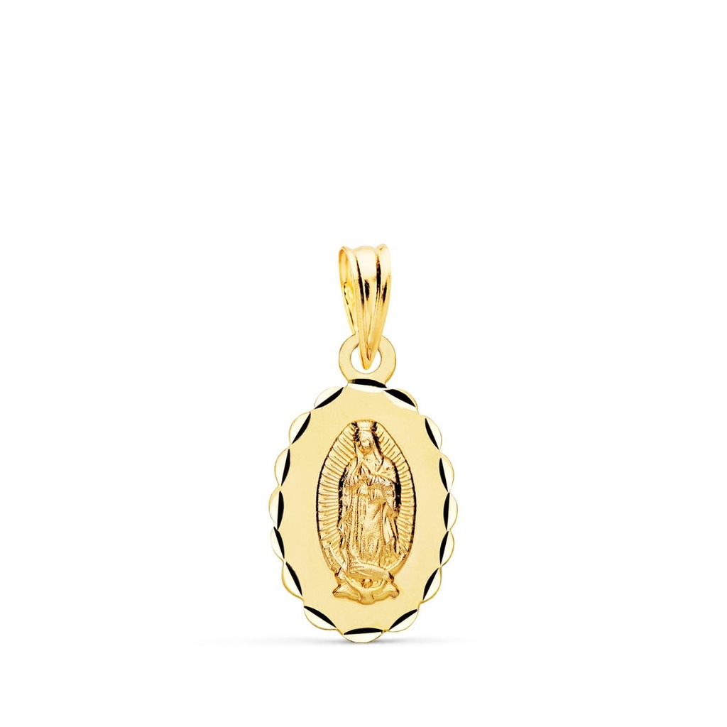 9K MEDALLA VIRGEN GUADALUPE OVAL BORDE ARCOS TALLADOS 16X11 MM