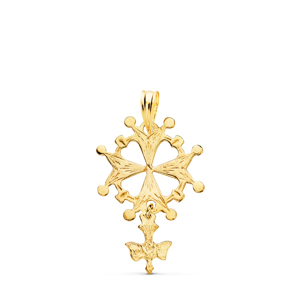 9K CRUZ DE HUGUENOTTE ORO AMARILLO CON PALOMA. 28 X 17 MM