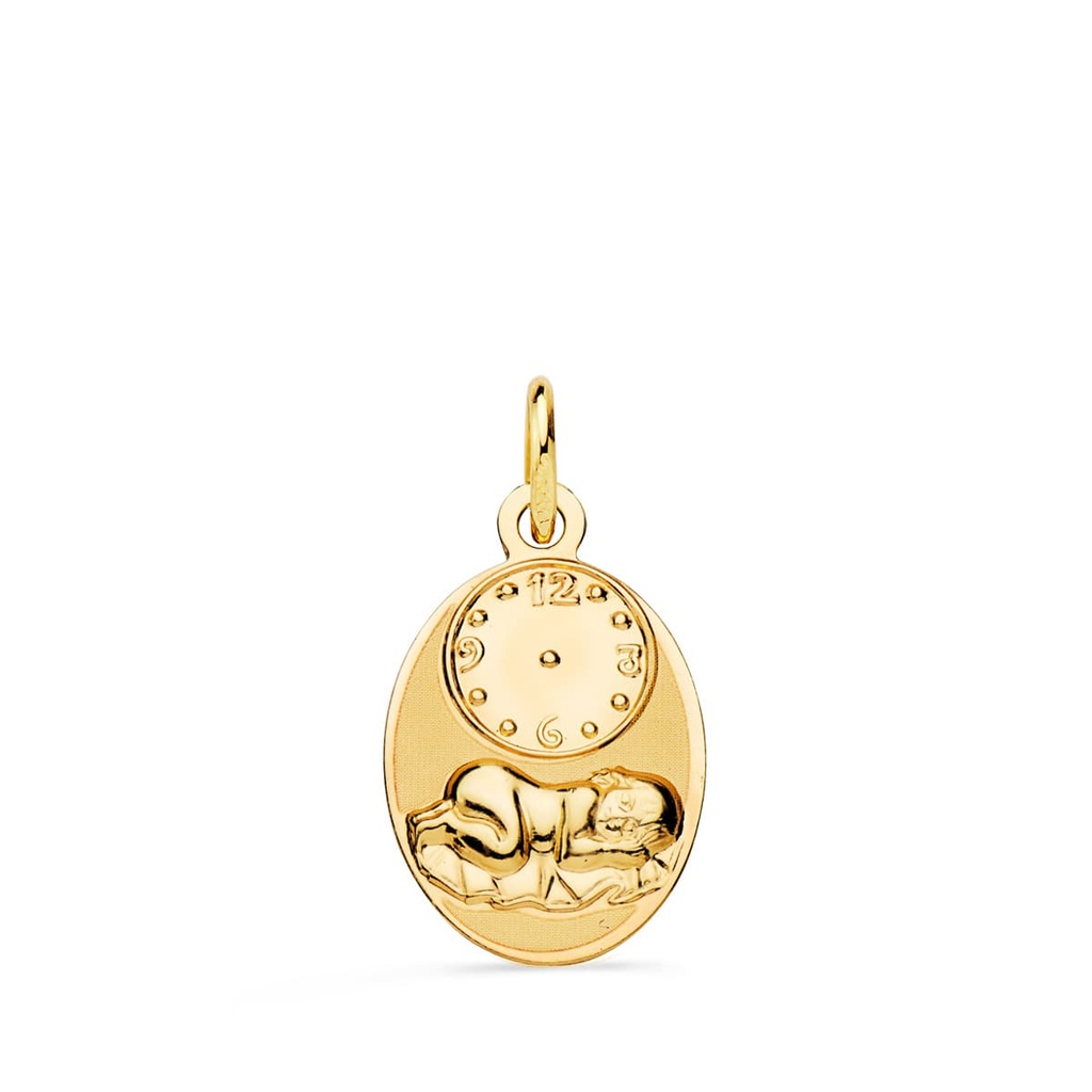 9K MEDALLA OVAL NIÑO DE LA HORA CON RELOJ BRILLO Y MATE 19X12 MM