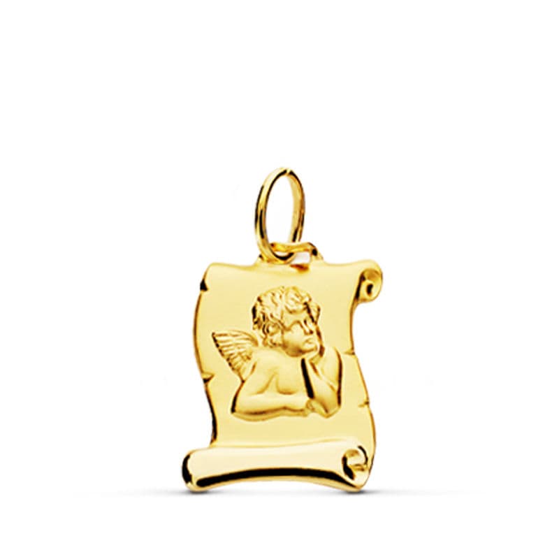 9K MEDALLA ORO AMARILLO PERGAMINO ANGELITO BURLON. 16X12 MM