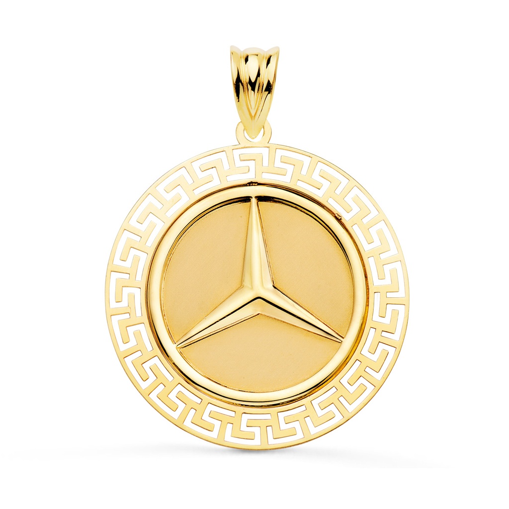 18K MEDALLA ORO AMARILLO ESTRELLA TRES PUNTAS CON BORDE DE GRECA CALADA. 27 MM