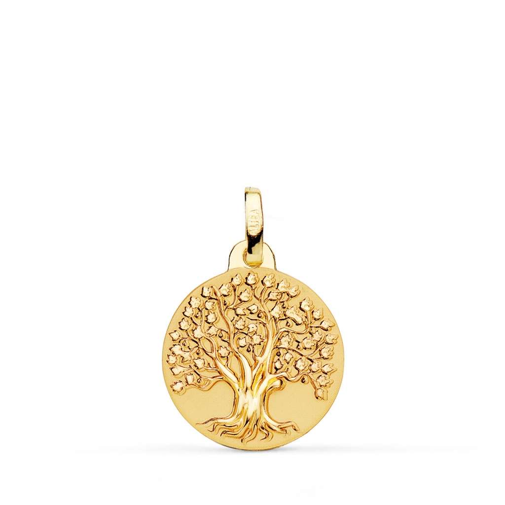 18K MEDALLA ORO AMARILLO ARBOL DE LA VIDA MATIZADA y BRILLO 16 MM