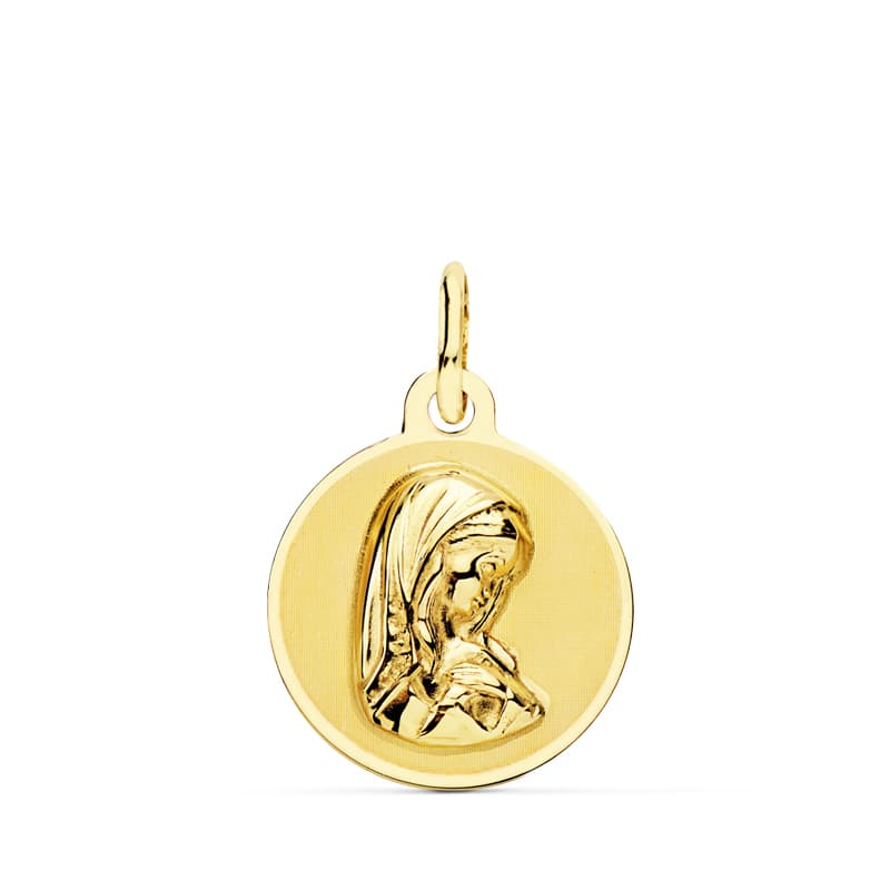 18K MEDALLA ORO AMARILLO REDONDA VIRGEN NIÑA BRILLO Y MATE 14 MM