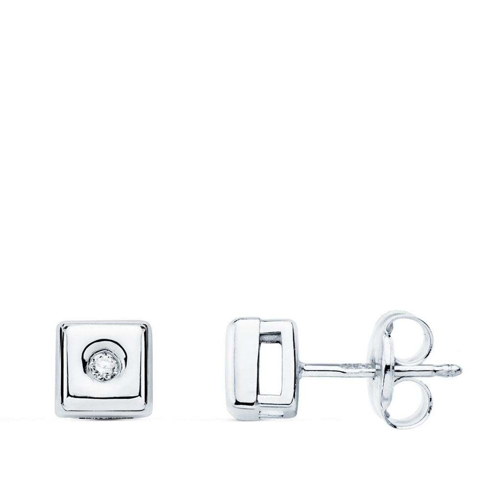 18K PENDIENTES CHATON CUADRADO DIAMANTES 0.040 QTS. G-VS2 CIERRE PRESION