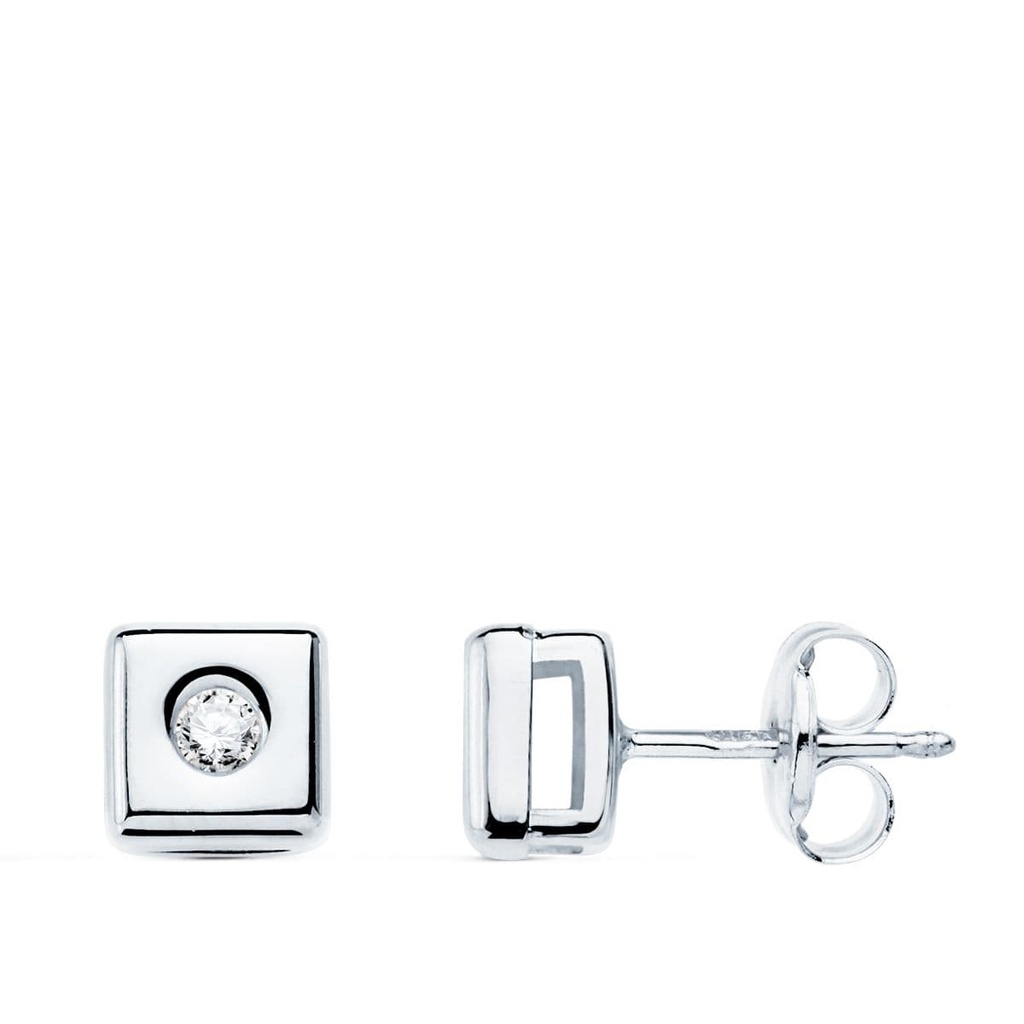 18K PENDIENTES ORO BLANCO CUADRADOS DIAMANTES 0.100 QTS. G-VS2. CIERRE PRESION