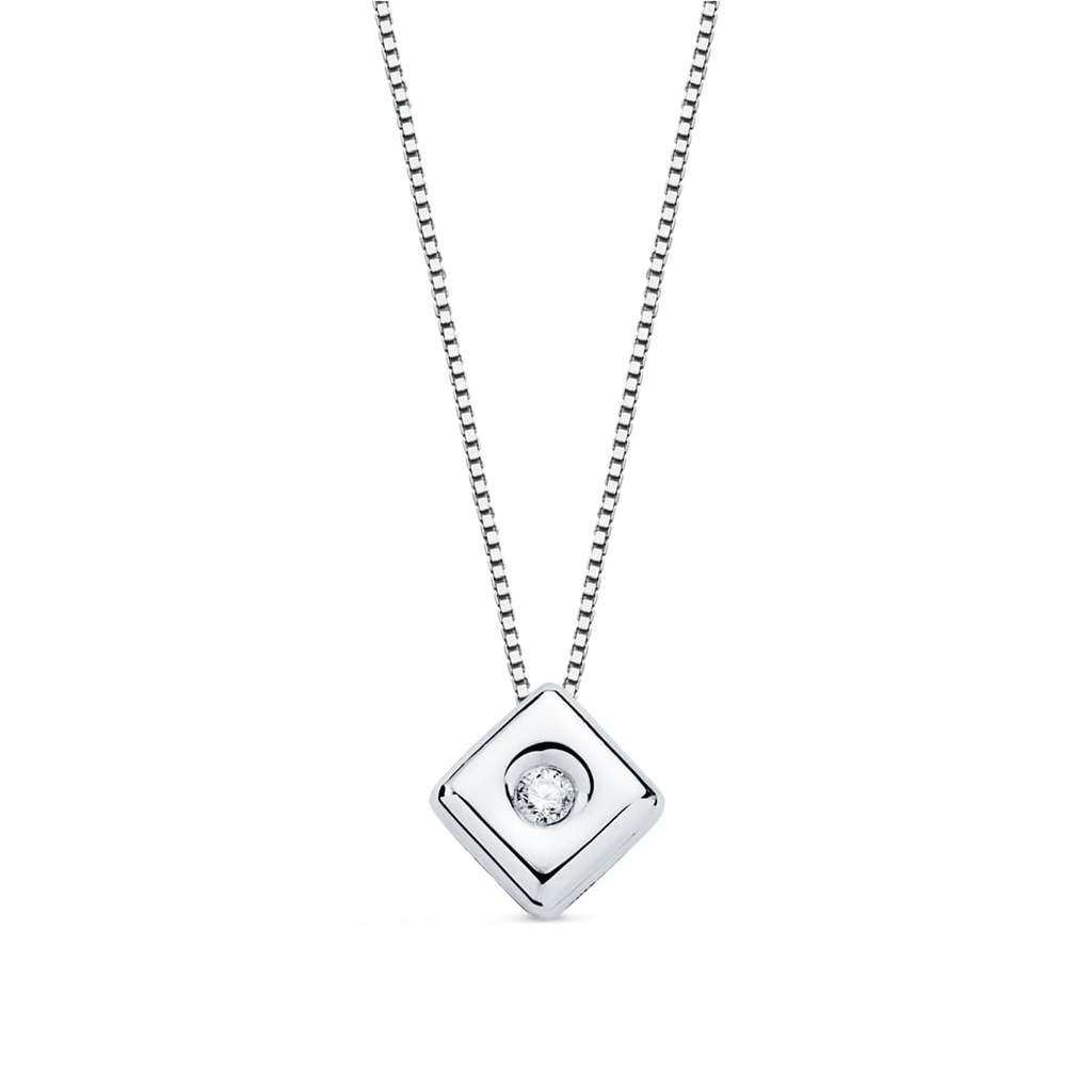 18K GARGANTILLA ORO BLANCO CHATON ROMBO DIAMANTE 0.015 QTS. G-VS2. CADENA 42 CM