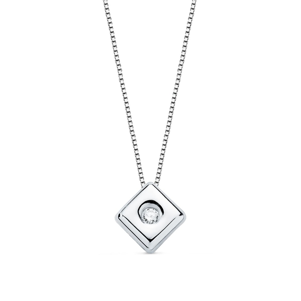 18K GARGANTILLA ORO BLANCO CHATON ROMBO DIAMANTE 0.020 QTS. G-VS2. CADENA 42 CM