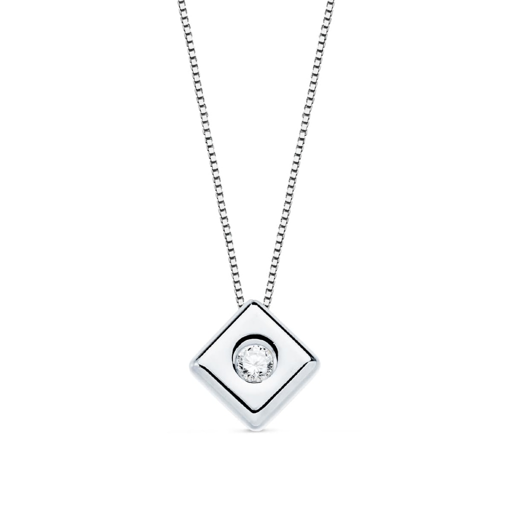 18K GARGANTILLA ORO BLANCO ROMBO DIAMANTE 0.050 QTS. G-VS2. CADENA 42 CM