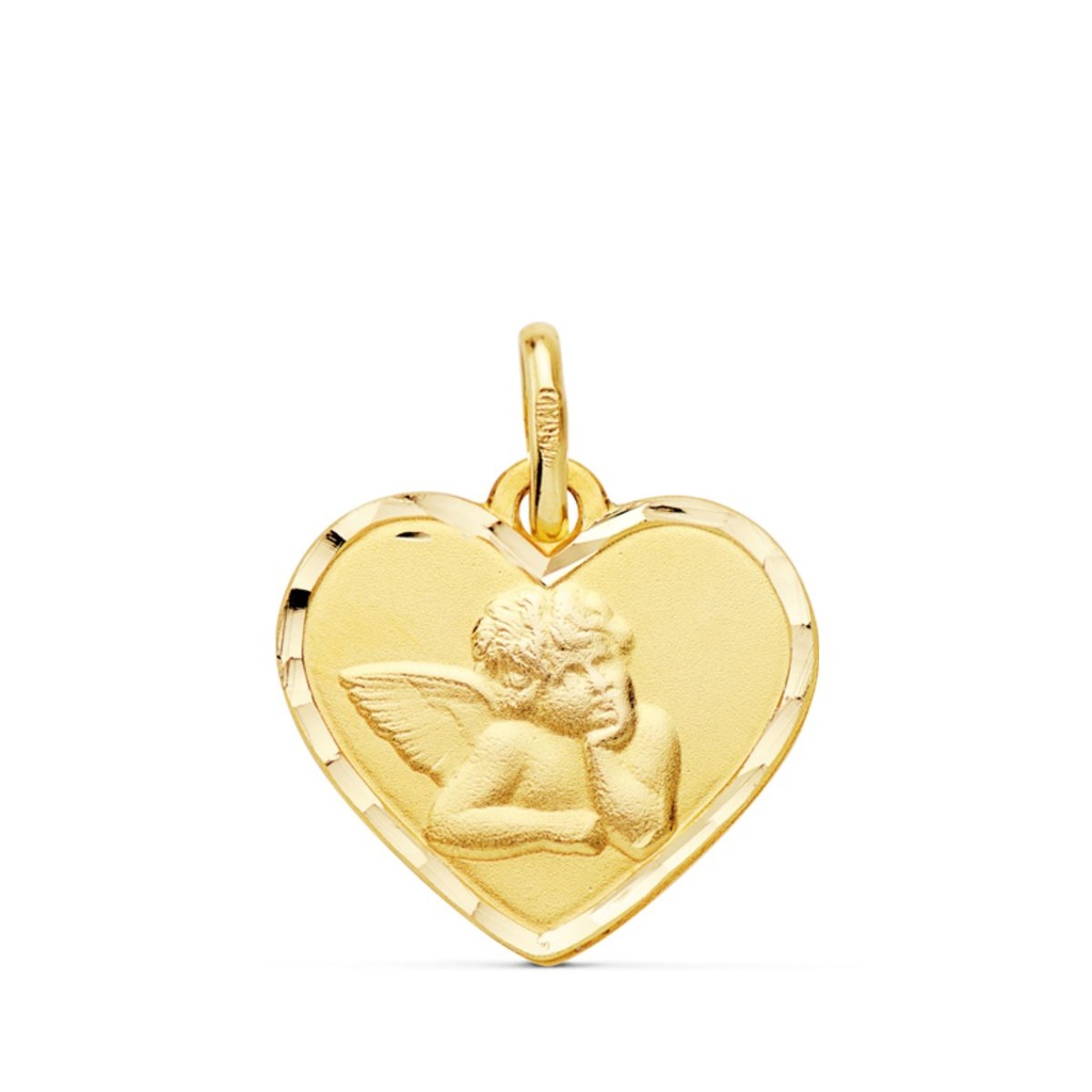 18K MEDALLA CORAZON ANGELITO BURLON BORDES TALLADOS. 14 MM