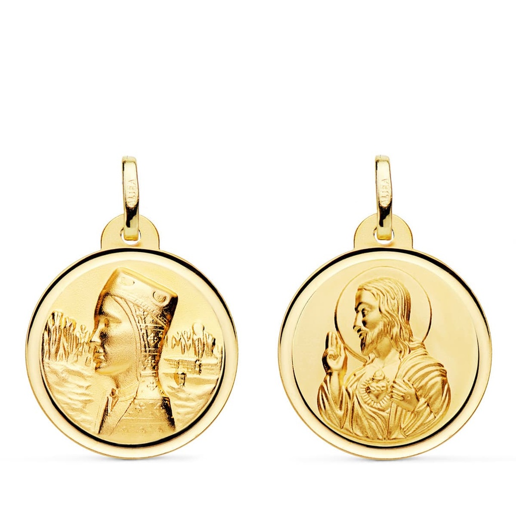 18K ESCAPULARIO VIRGEN MONTSERRAT Y CORAZON DE JESUS BISEL 20 MM