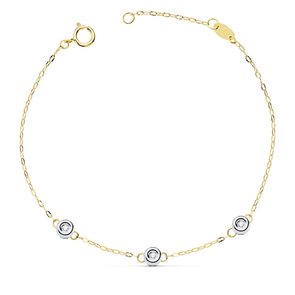 18K PULSERA BICOLOR CADENA FORZADA 19CM TRES DIAMANTES 0.045 QTS.  G-VS2