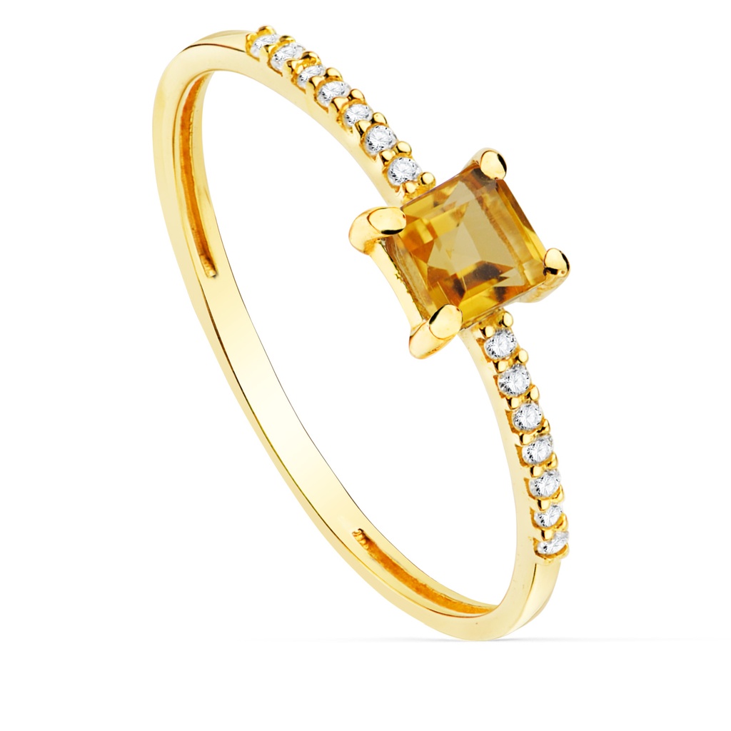 18K SORTIJA ORO AMARILLO 14 DIAMANTES 0.070QTS. G-VS2. CITRINO 4X4MM CUERPO 1 MM