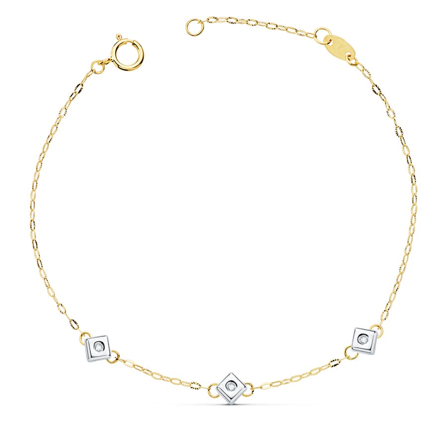 18K PULSERA ORO BICOLOR CHATON DE 3 ROMBOS CON DIAMANTES SI-H 0.045  QTS. 17 CM