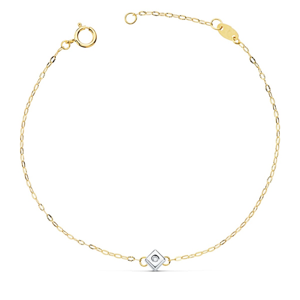 18K PULSERA ORO BICOLOR CHATON DE ROMBO CON DIAMANTE SI-H 0.015  QTS. 19 CM