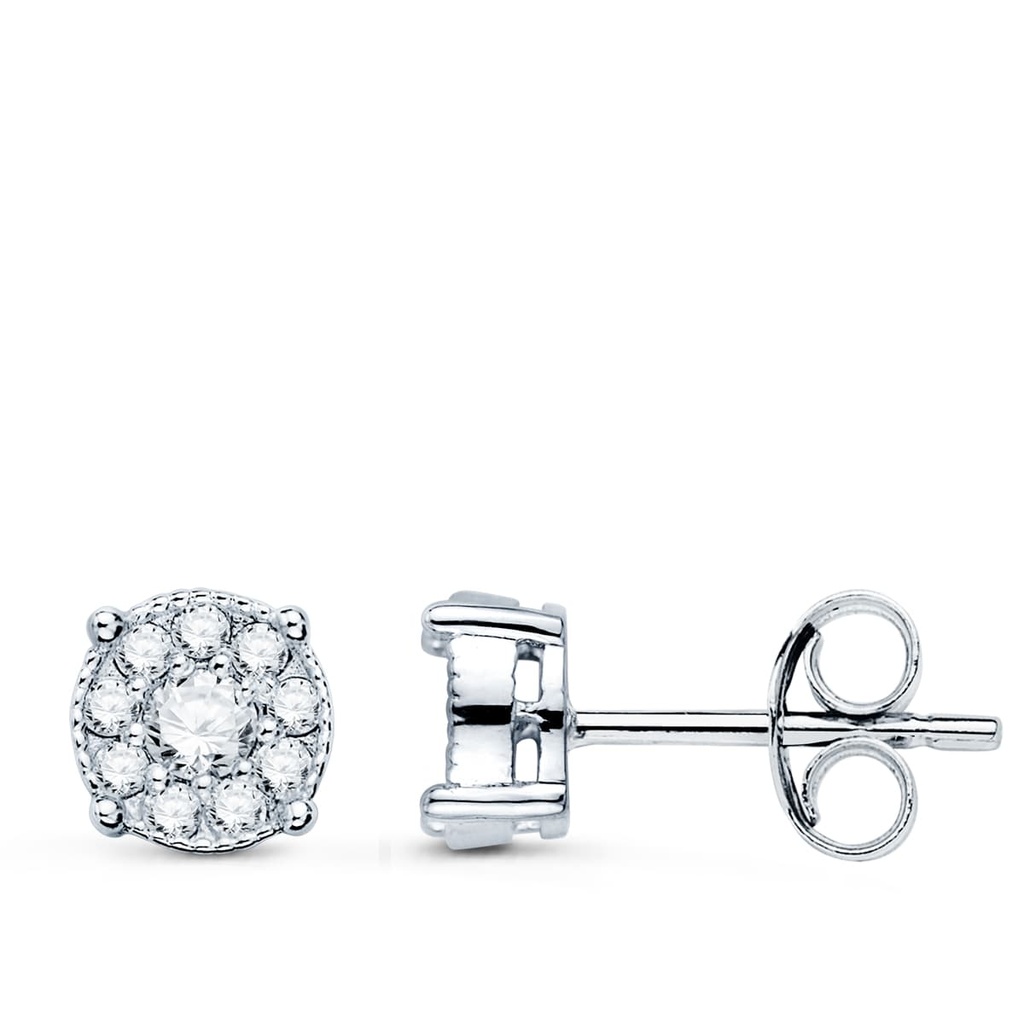 18K PENDIENTES ORO BLANCO CHATON CON 20 DIAMANTES. 7X7 MM 0.365 QTS PRESION