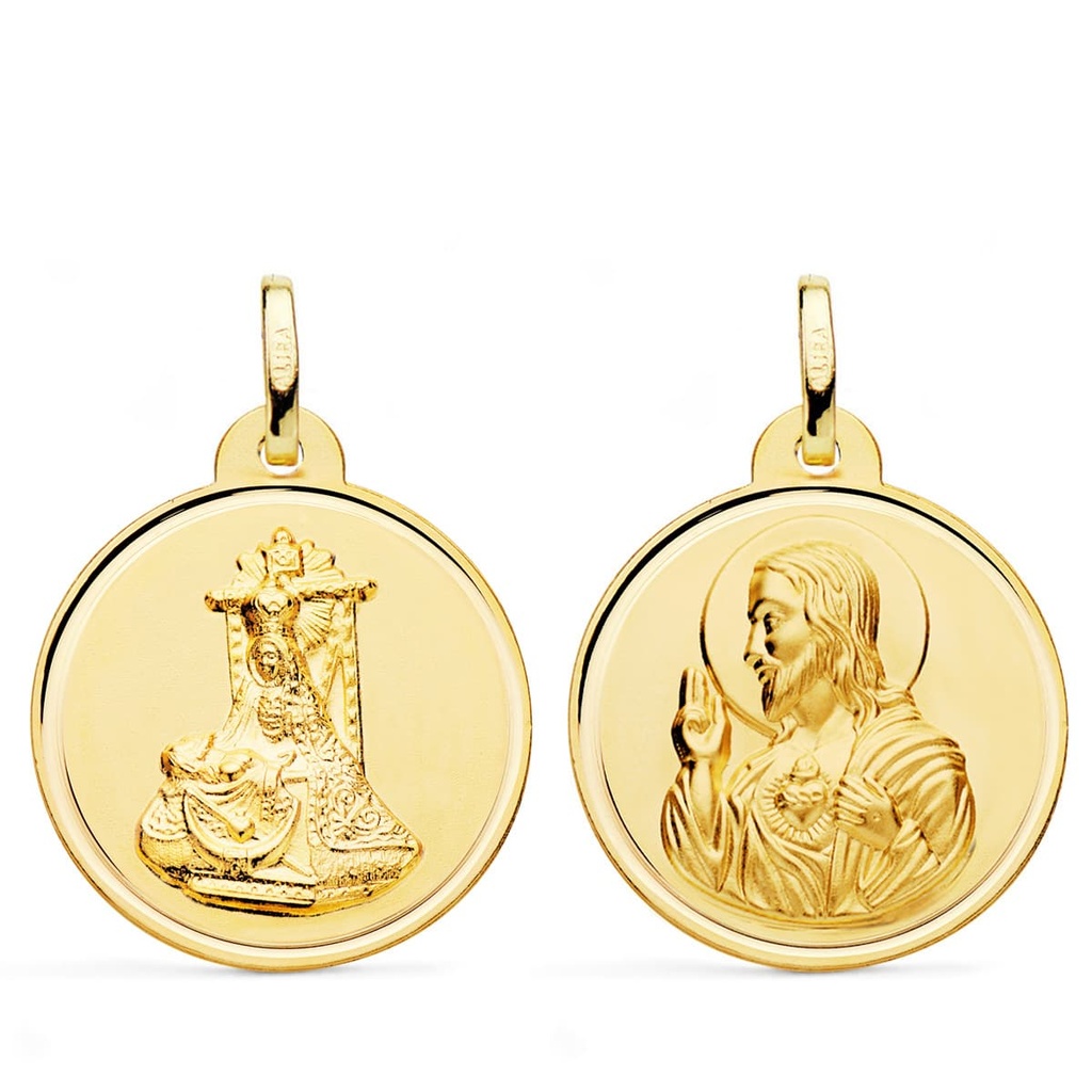 18K MEDALLA ESCAPULARIO VIRGEN DE LAS ANGUSTIAS Y CORAZON DE JESUS BISEL 24 MM