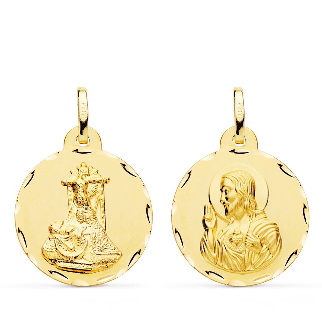 18K MEDALLA ESCAPULARIO VIRGEN DE LAS ANGUSTIAS Y CORAZON DE JESUS TALLADA 22 MM