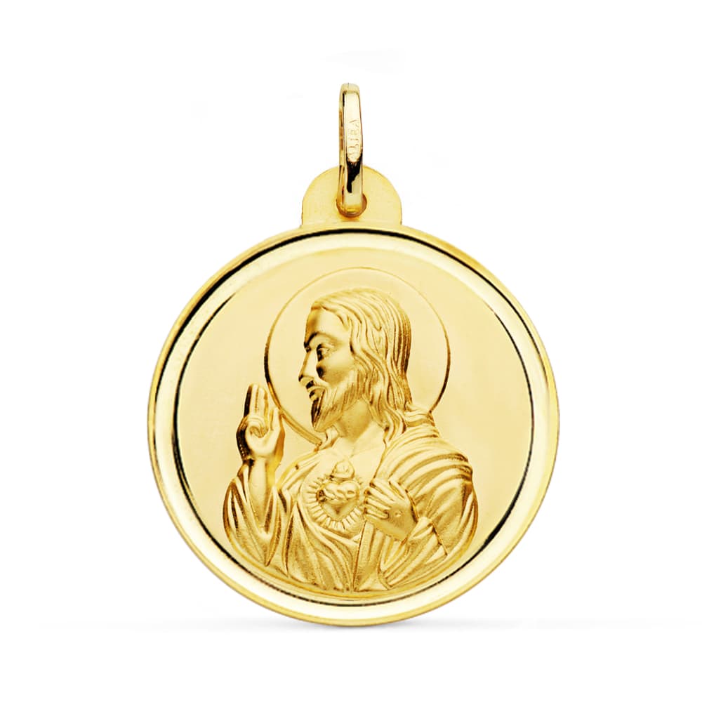 18K MEDALLA CRISTO SAGRADO CORAZON DE JESUS BISEL 28 MM