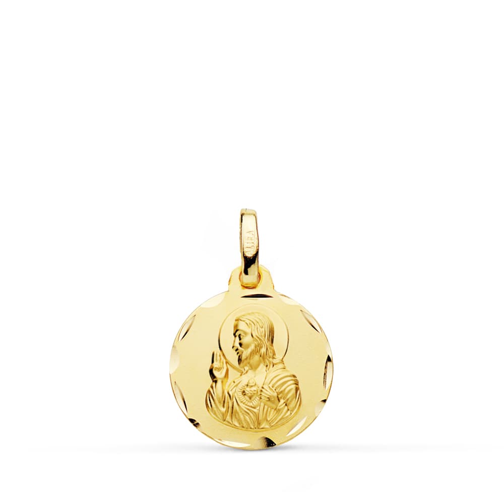 18K MEDALLA CRISTO SAGRADO CORAZON DE JESUS TALLADA 14 MM