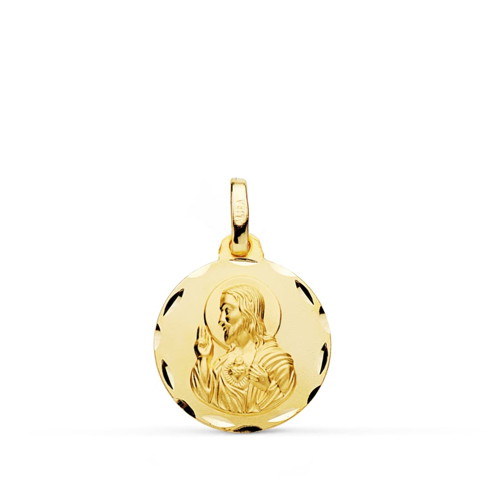18K MEDALLA CRISTO SAGRADO CORAZON DE JESUS TALLADA 16 MM