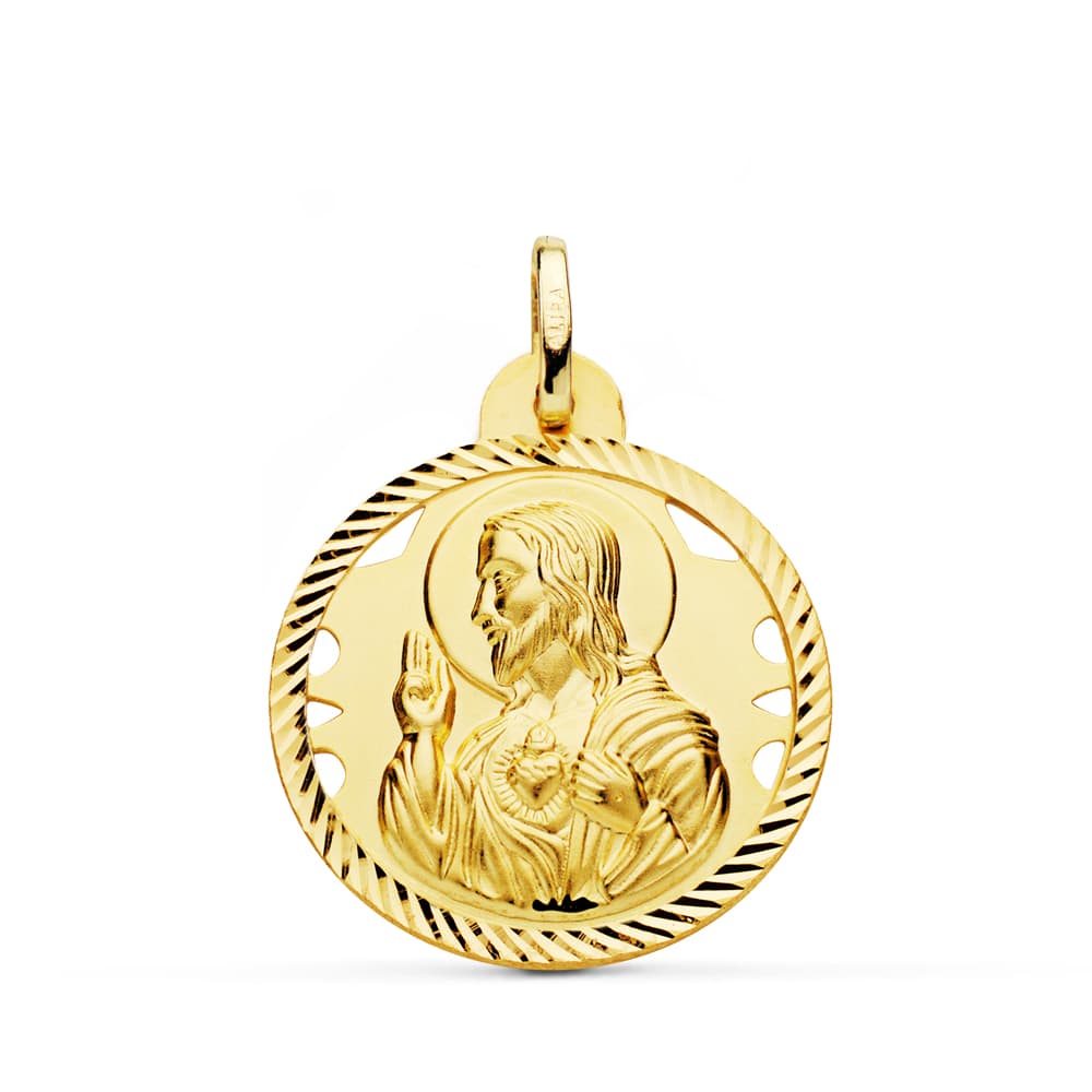 18K MEDALLA CRISTO SAGRADO CORAZON DE JESUS HELICE CALADA 24 MM
