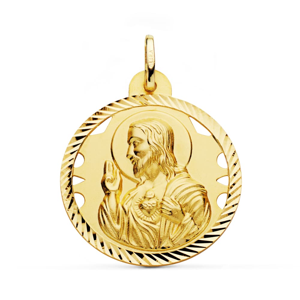 18K MEDALLA CRISTO SAGRADO CORAZON DE JESUS CALADO CERCO HELICE TALLADO 28 MM