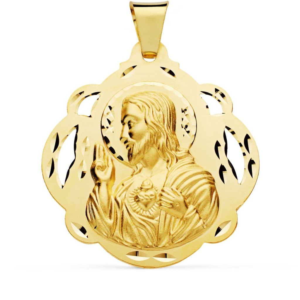 18K MEDALLA CRISTO  SAGRADO CORAZON DE JESUS PANDERETA CALADA 42 MM