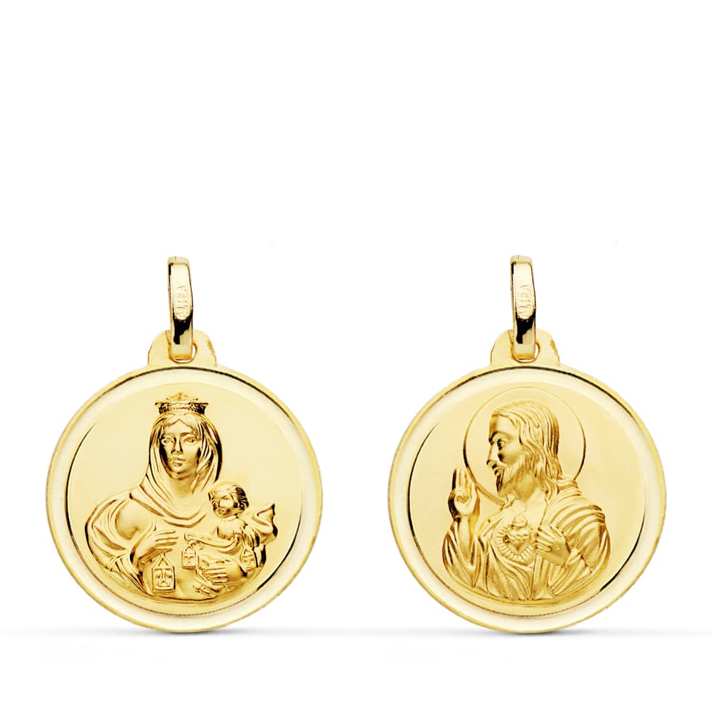 18K ESCAPULARIO BISEL VIRGEN DEL CARMEN CORAZON DE JESUS 18 MM