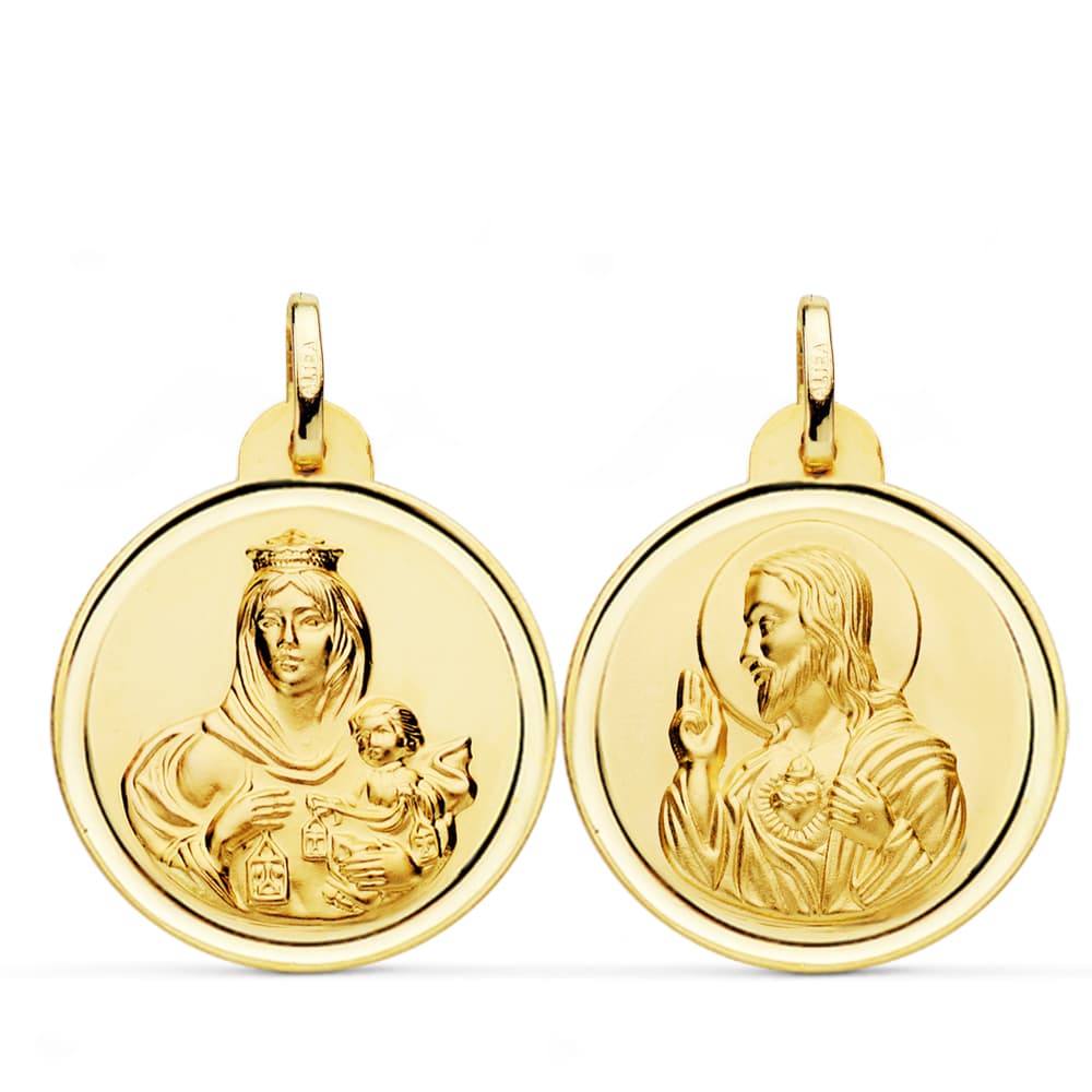 18K ESCAPULARIO BISEL VIRGEN DEL CARMEN CORAZON JESUS 24 MM