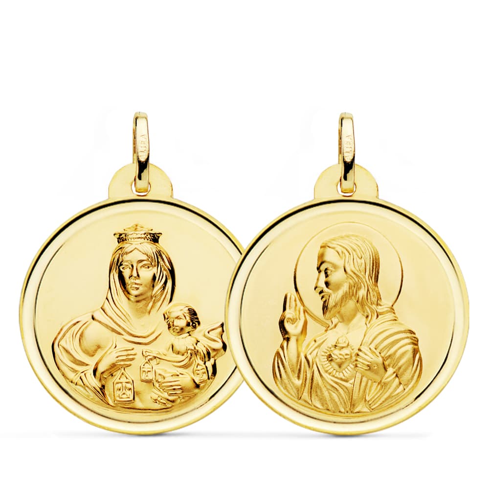 18K ESCAPULARIO VIRGEN DEL CARMEN CORAZON DE JESUS BISEL 26 MM
