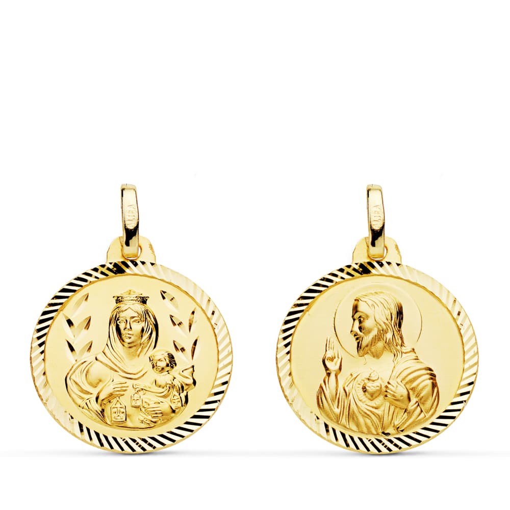 18K ESCAPULARIO HELICE VIRGEN DEL CARMEN CORAZON DE JESUS 18 MM