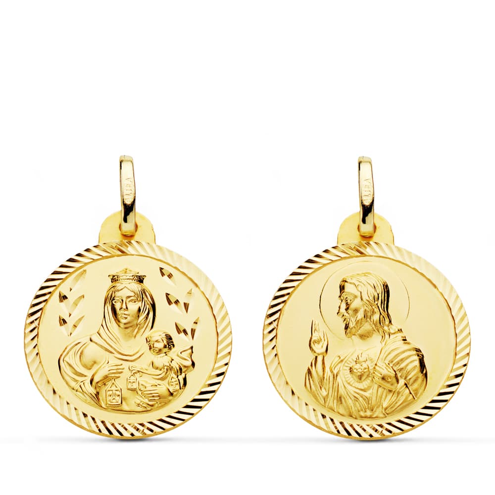 18K ESCAPULARIO HELICE VIRGEN CARMEN Y CORAZON DE JESUS 20 MM