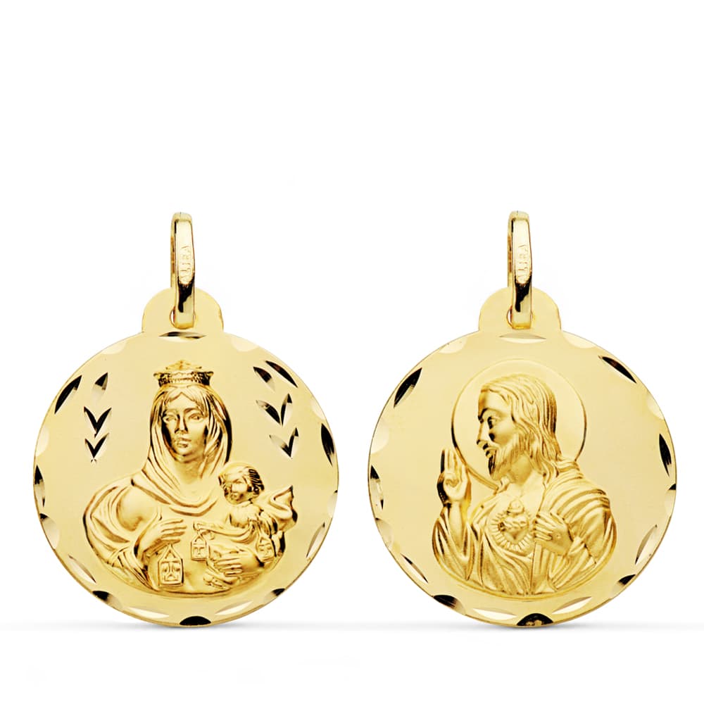 18K ESCAPULARIO TALLADO VIRGEN DEL CARMEN Y CORAZON DE JESUS 22 MM