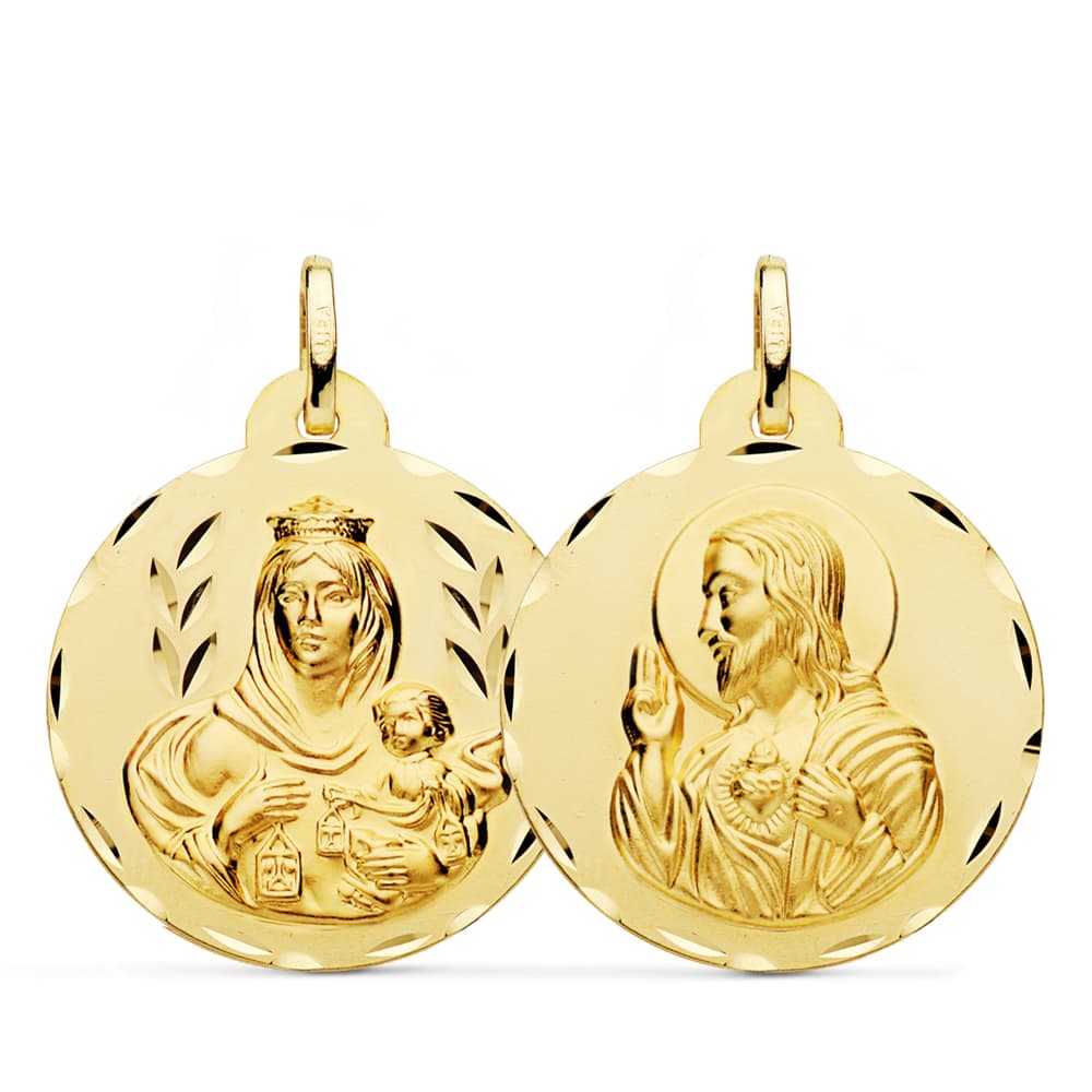 18K ESCAPULARIO TALLADO VIRGEN DEL CARMEN Y CORAZON DE JESUS 26 MM