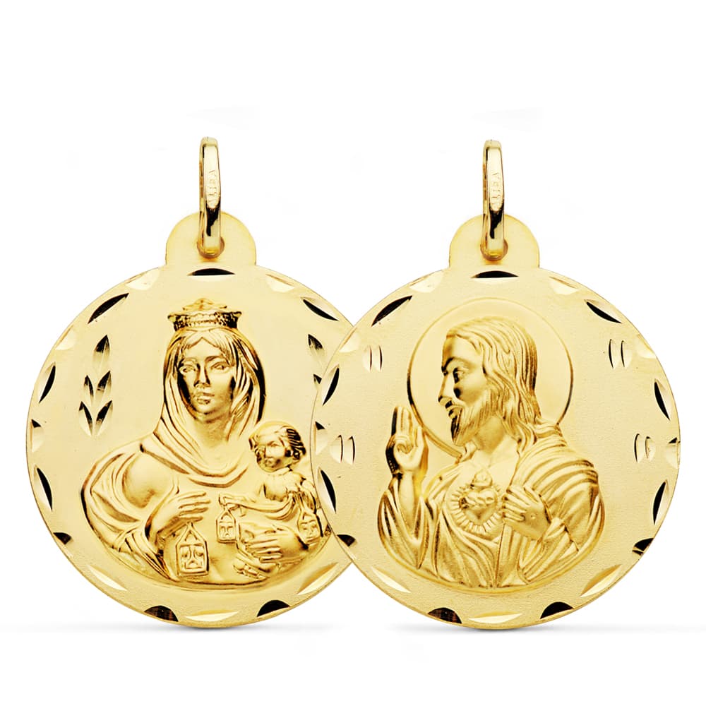18K ESCAPULARIO TALLADO VIRGEN DEL CARMEN Y CORAZON DE JESUS 28 MM