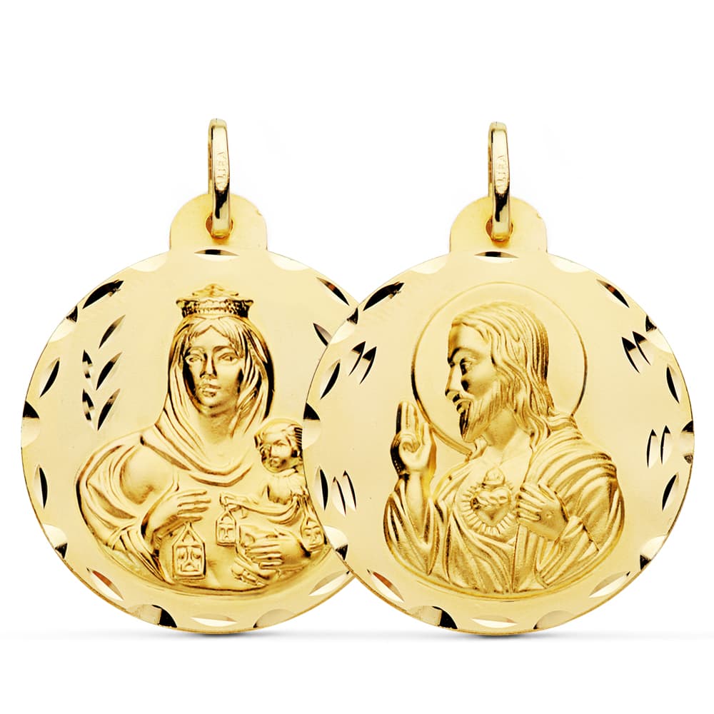 18K ESCAPULARIO TALLADO VIRGEN DEL CARMEN CORAZON DE JESUS 30 MM
