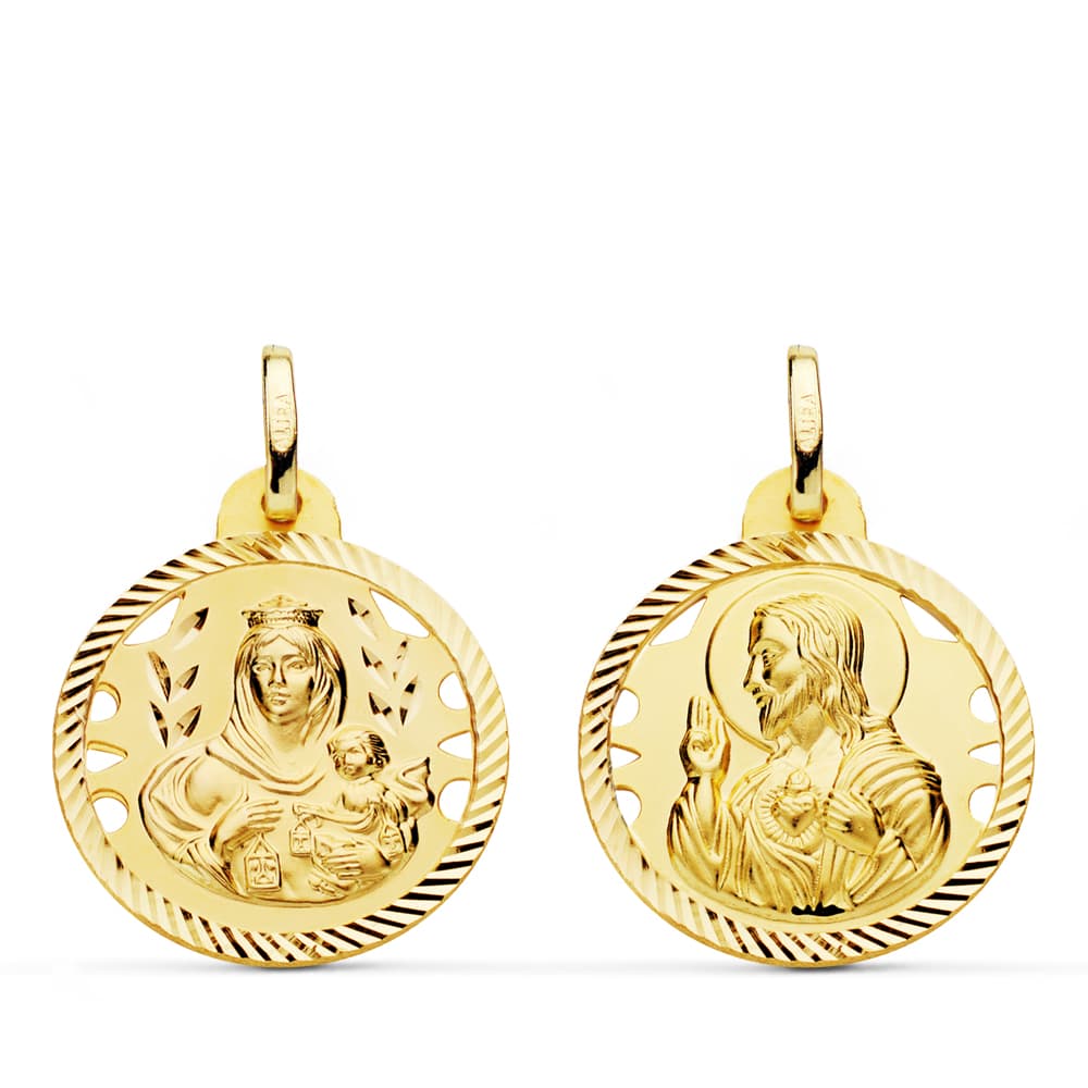 18K ESCAPULARIO HELICE CALADO VIRGEN CARMEN Y CORAZON DE JESUS 20 MM