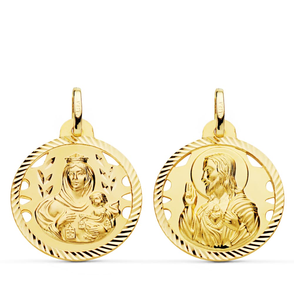 18K ESCAPULARIO HELICE CALADO VIRGEN CARMEN Y CORAZON DE JESUS 22 MM