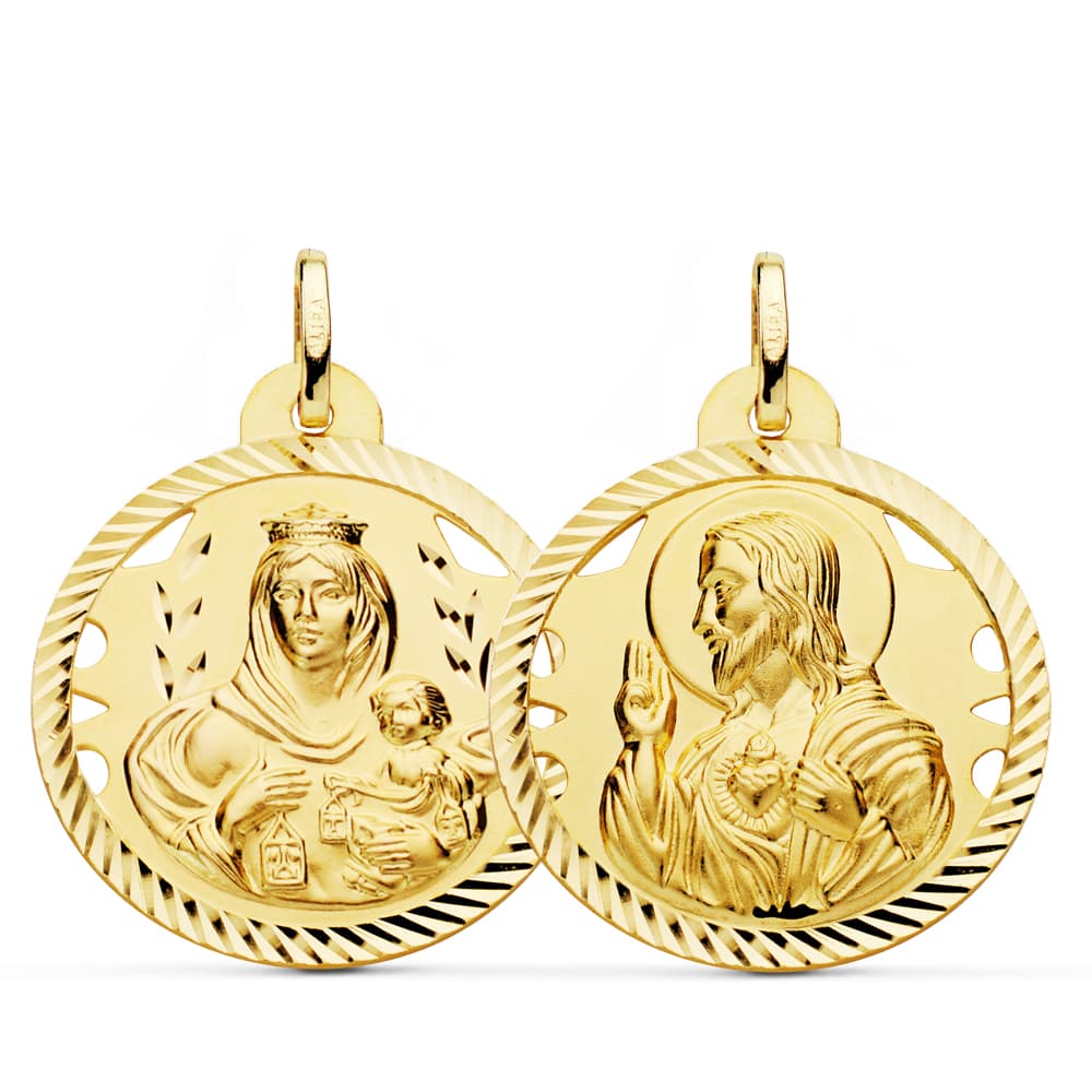 18K ESCAPULARIO HELICE CALADO VIRGEN CARMEN Y CORAZON DE JESUS 26 MM