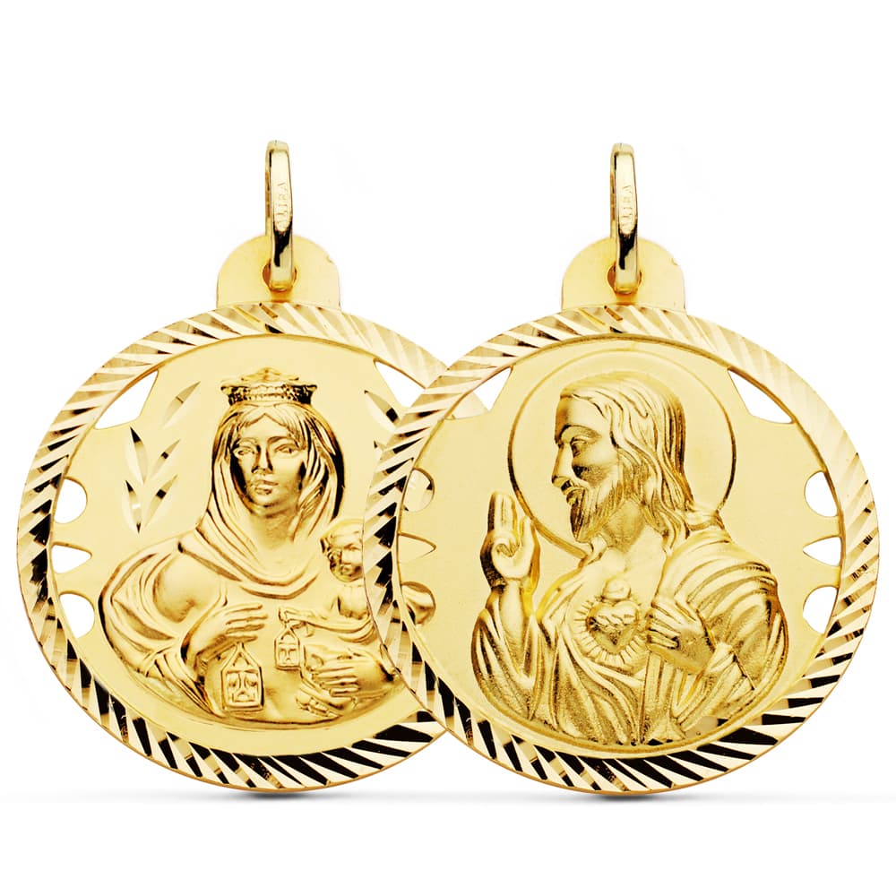 18K ESCAPULARIO HELICE CALADO VIRGEN CARMEN Y CORAZON DE JESUS 30 MM