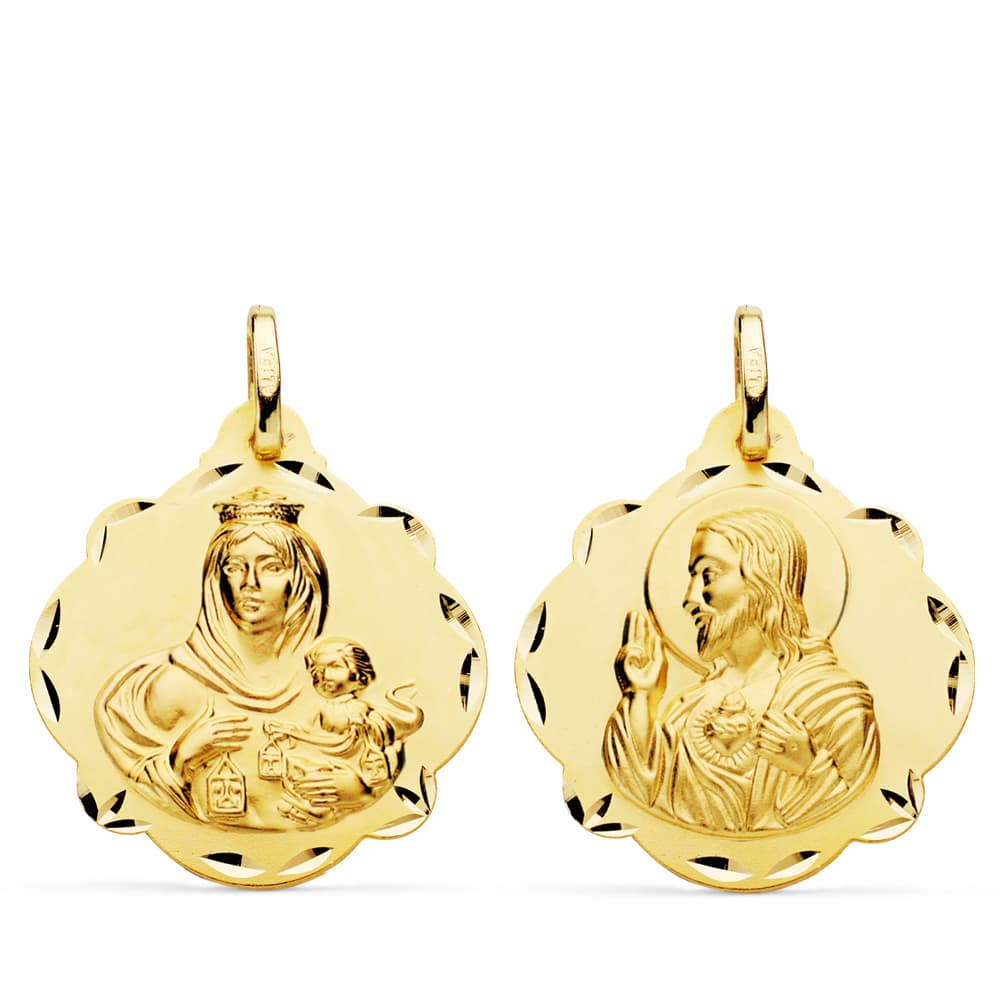 18K ESCAPULARIO VIRGEN DEL CARMEN Y CORAZON DE JESUS 24 MM