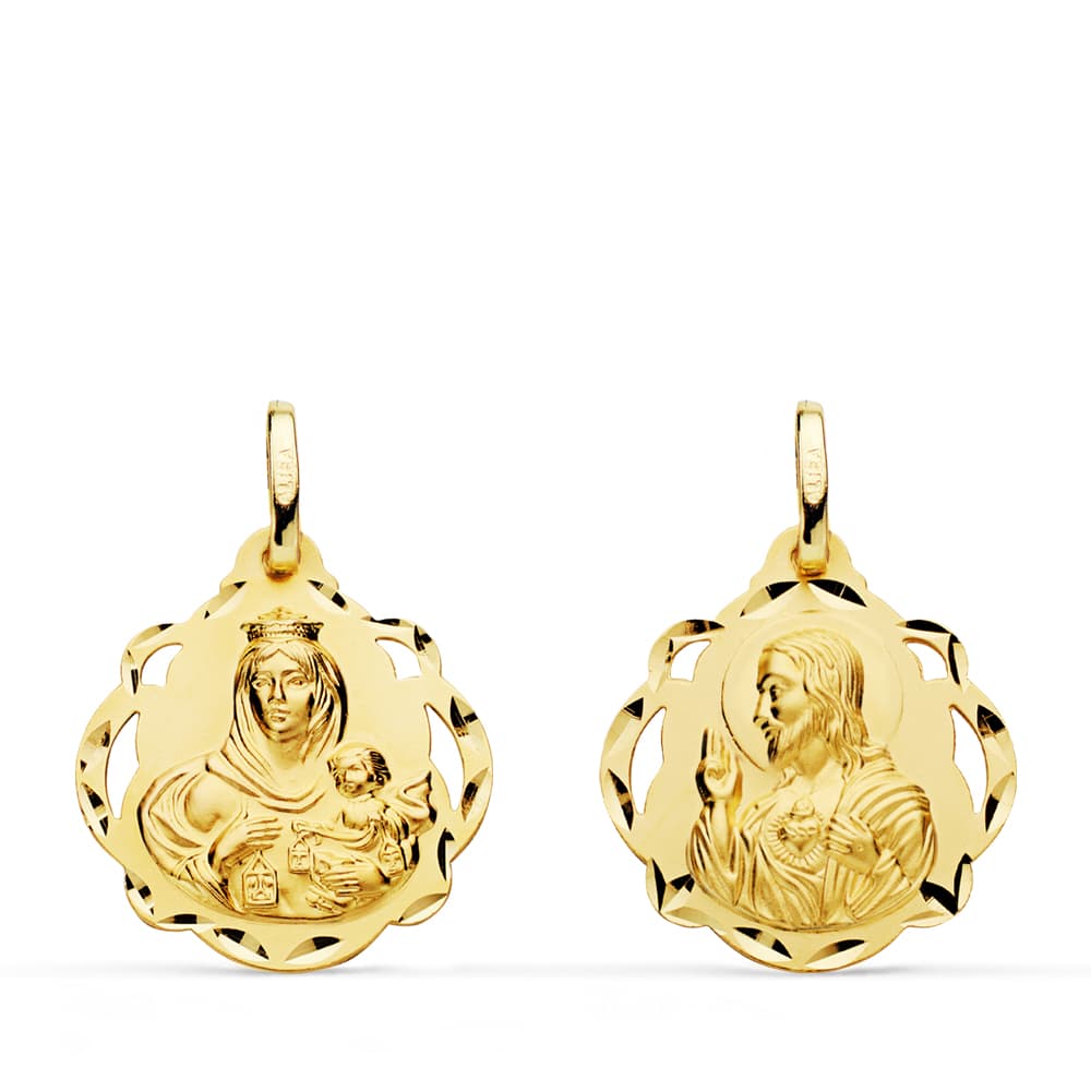 18K ESCAPULARIO PANDERETA VIRGEN DEL CARMEN Y CORAZON DE JESUS 20 MM