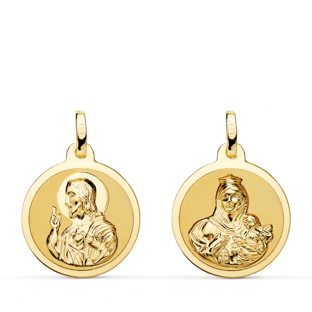 18K ESCAPULARIO BRILLO VIRGEN DEL CARMEN Y CORAZON DE JESUS 18 MM