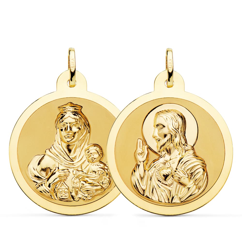 18K ESCAPULARIO BRILLO VIRGEN DEL CARMEN Y CORAZON DE JESUS 28 MM