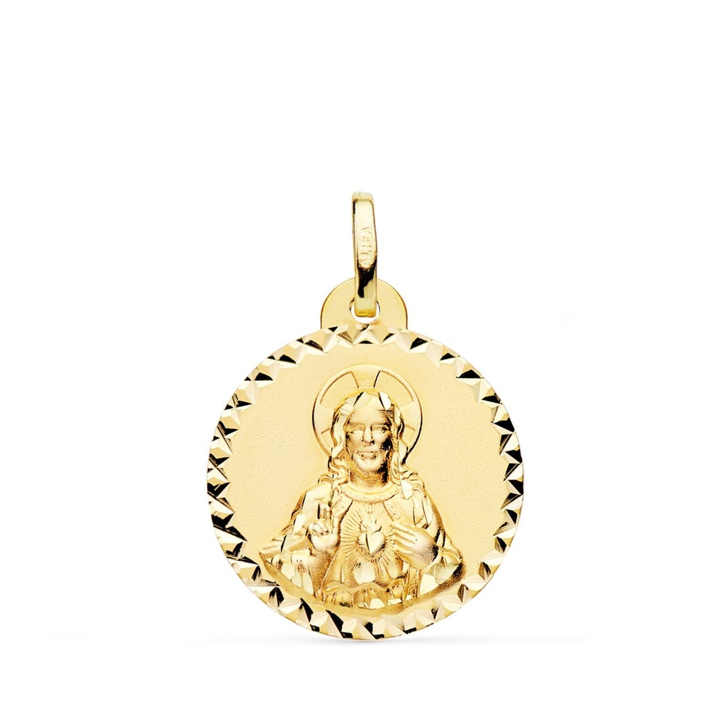 18K MEDALLA CRISTO SAGRADO CORAZON JESUS BRILLO TALLA CRUZADA 20 MM