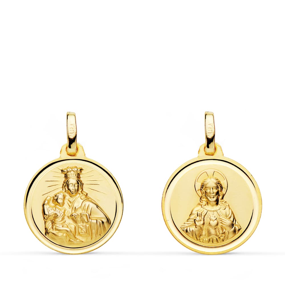 18K ESCAPULARIO VIRGEN CARMEN CORAZON JESUS 16 MM