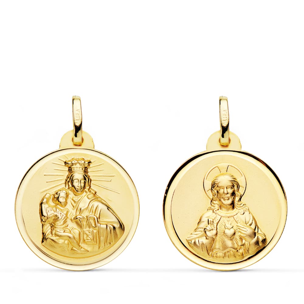 18K ESCAPULARIO VIRGEN DEL CARMEN CORAZON JESUS BISEL 20 MM