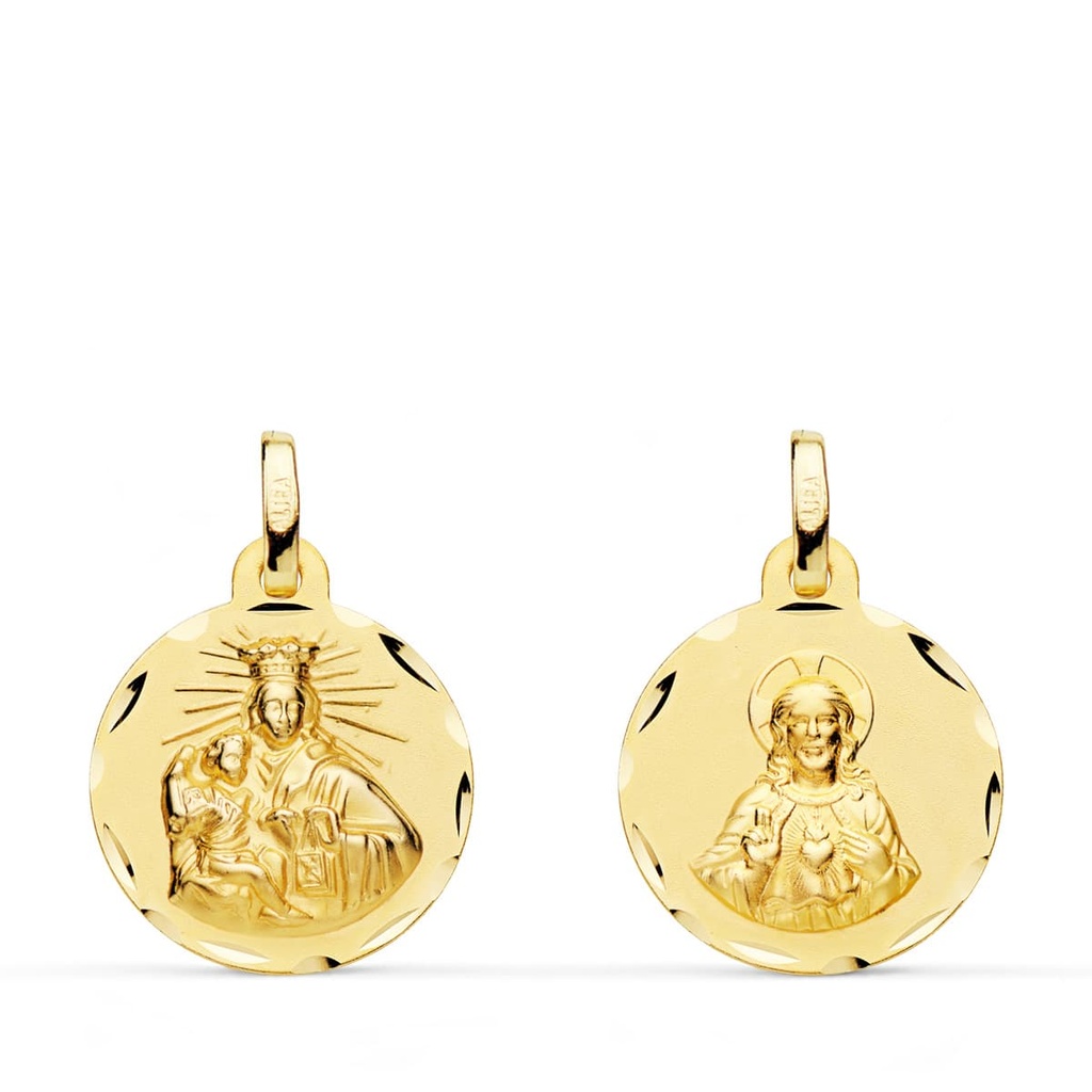 18K ESCAPULARIO CORAZON DE JESUS Y VIRGEN DEL CARMEN TALLADO 16 MM