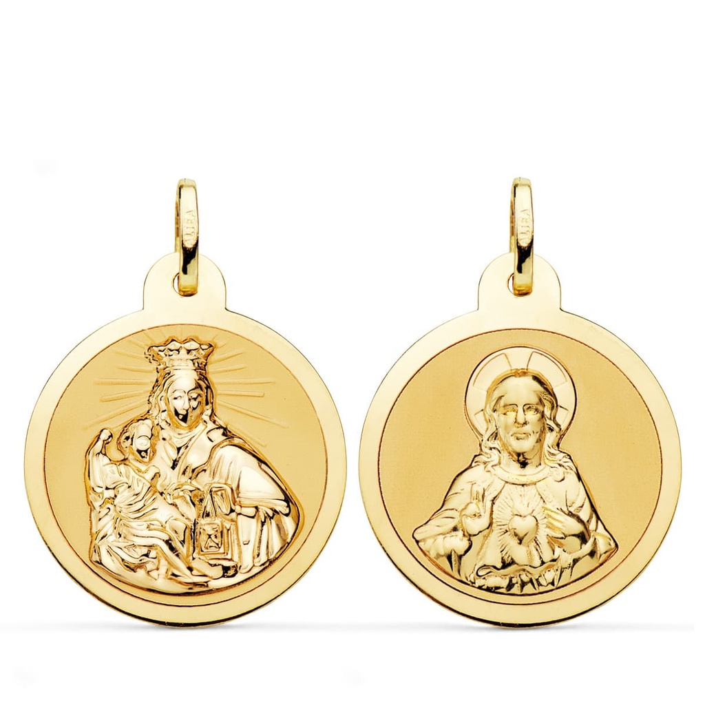 18K ESCAPULARIO VIRGEN DEL CARMEN Y CORAZON DE JESUS EN BRILLO 24 MM